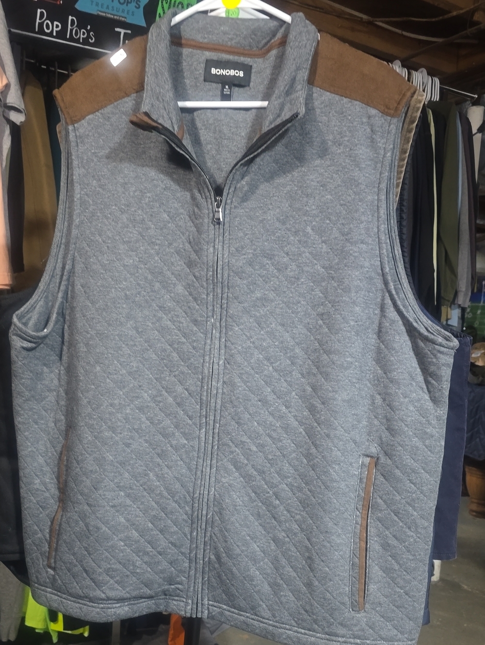 Bonobos Quilted Gray Vest with Brown Suede Accents